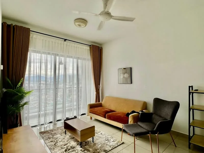 Living features: 3-seater fabric sofa in orange, armchair with wooden legs, wooden coffee table, area rug with geometric pattern, floor-to-ceiling windows, sheer curtains, ceiling fan, wall-mounted TV, decorative wall art, potted plant; style: modern; view: city.