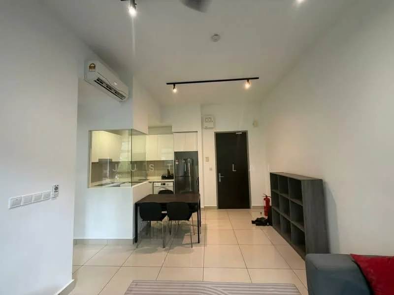 Living features: white painted walls, tile flooring, recessed downlights, 5-blade ceiling fan, floor-to-ceiling windows, grey sofa, dining table with 4 black chairs, kitchen island with bar seating, stainless-steel fridge, built-in cabinets, fire extinguisher, open layout; style: modern.