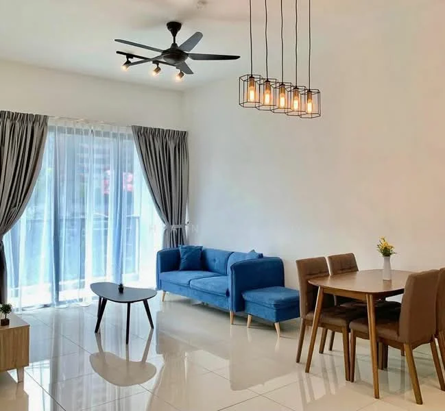 Living features: 5-blade ceiling fan with integrated LED light, sofa in blue fabric, coffee table in round shape, dining table for 4 with wooden chairs, floor-to-ceiling windows, sheer curtains, grey curtains, white painted walls, glossy tile flooring, pendant lighting with multiple bulbs; style: modern.