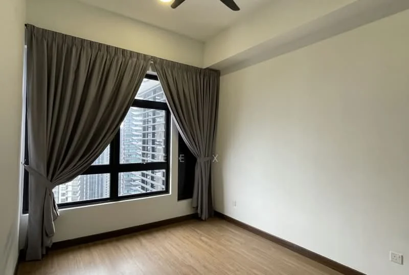 Room features: large window, floor-to-ceiling window, grey curtains, wooden flooring, ceiling fan, neutral painted walls; style: modern; view: city.