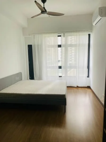 Bedroom features: queen-size bed frame without mattress, wooden flooring, white painted walls, 5-blade ceiling fan, floor-to-ceiling windows, sheer curtains, wall-mounted split AC, natural light from windows; style: modern; view: city.
