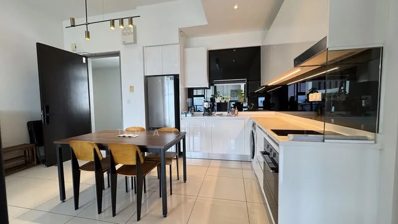 Kitchen features: white high-gloss cabinetry, black countertop, stainless-steel built-in oven, stainless-steel range hood, 4-burner gas hob, single-bowl stainless-steel sink, chrome pull-down faucet, tile flooring, recessed downlights, pendant lighting, dining table with four wooden chairs, floor-to-ceiling windows, open-plan layout; style: modern.