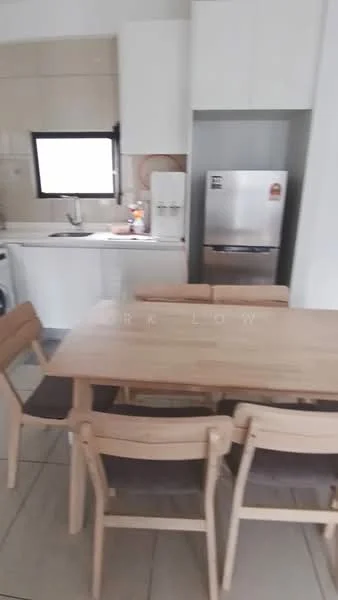 Kitchen features: white cabinetry, stainless-steel fridge, single-bowl stainless-steel sink, chrome pull-down faucet, white tiled backsplash, built-in oven, 4-burner gas hob, wood dining table, 4 wooden dining chairs, ceramic tile flooring, window with natural light, washing machine; style: modern.