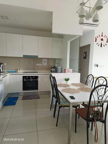 Kitchen features: white flat-panel cabinets, stainless-steel built-in oven, 4-burner gas hob, white quartz countertop, ceramic tile backsplash, single-bowl stainless-steel sink, chrome pull-down faucet, refrigerator, dining table with 4 chairs, pendant lighting, wall clock, grey tile flooring, open layout; style: modern.