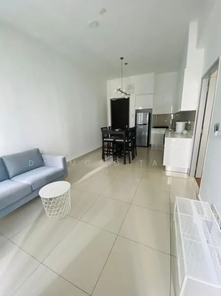 Living features: grey fabric sofa, white coffee table, tile flooring, white painted walls, recessed downlights, dining table with black chairs, stainless-steel fridge, built-in kitchen cabinets, countertop, open layout; style: modern.