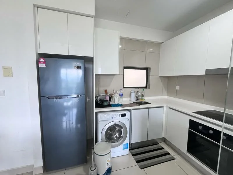 Kitchen features: grey stainless-steel fridge, front-load washing machine, white cabinetry with flat-panel design, white countertop, ceramic tile backsplash, built-in oven, induction cooktop, single-bowl stainless-steel sink, chrome pull-down faucet, window above sink, striped area rug, light grey tiled flooring; style: modern.