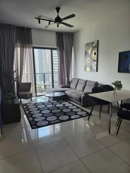 Living features: 3-seater fabric sofa in grey, coffee table, area rug with circular pattern, floor-to-ceiling windows, sheer curtains, blackout curtains, ceiling fan with light, wall-mounted artwork, TV console, dining table with 4 chairs; style: modern; view: city.