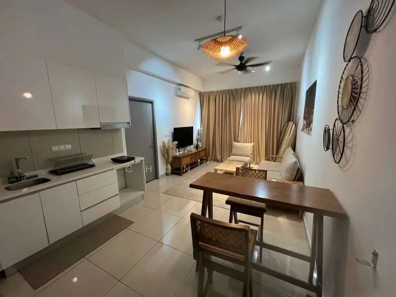 Living features: white painted walls, tile flooring, 5-blade ceiling fan with light, sofa in light fabric, coffee table, TV console, wall-mounted TV, decorative wall art, curtains, dining table with two chairs, kitchenette with white cabinetry, stainless-steel sink, built-in oven, stove, refrigerator; style: modern.