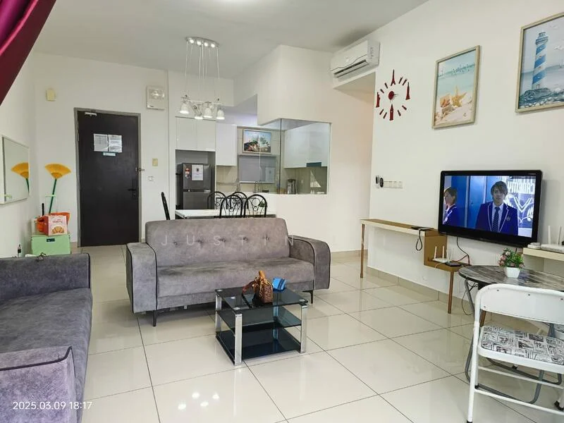 Living features: grey fabric sofa, 2-seater sofa, coffee table with glass top, wall-mounted TV, TV console, white wall with clock, air conditioning unit, recessed ceiling lights, tile flooring, decorative wall art, open layout to kitchen, black dining chairs, kitchen counter visible; style: modern.