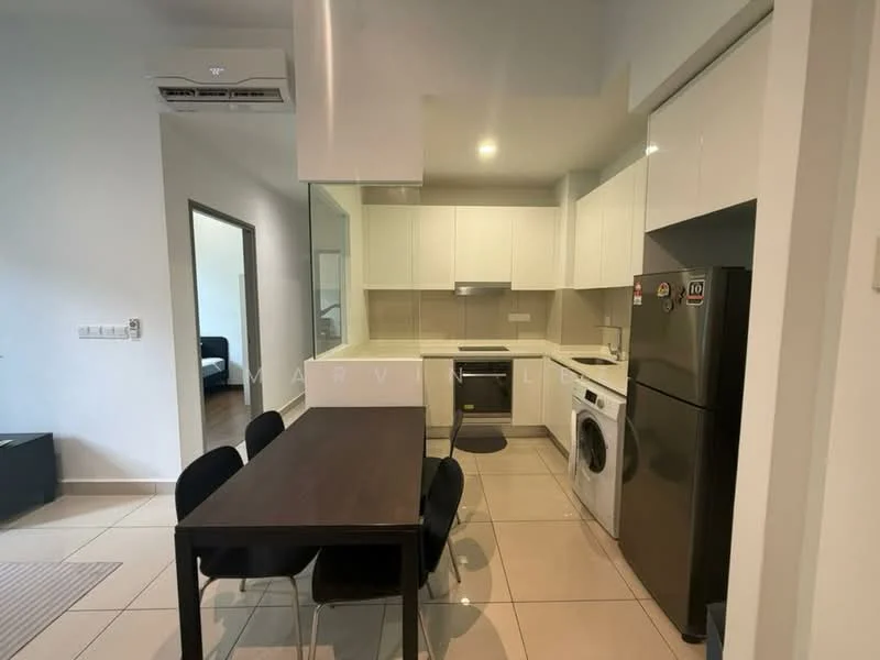 Kitchen features: white cabinetry, black countertop, stainless-steel fridge, built-in oven, freestanding washing machine, 4-burner gas hob, single-bowl stainless-steel sink, chrome pull-down faucet, ceramic tile flooring, recessed downlights, dining table with 6 black chairs, open layout to living area; style: modern.