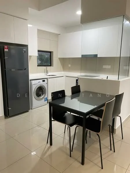 Kitchen features: white upper cabinets, flat-panel grey lower cabinets, black glass dining table, four black dining chairs, stainless-steel fridge, front-load washing machine, single-bowl stainless-steel sink, chrome pull-down faucet, ceramic tile flooring, white tiled backsplash, recessed downlights, window with black frame; style: modern.
