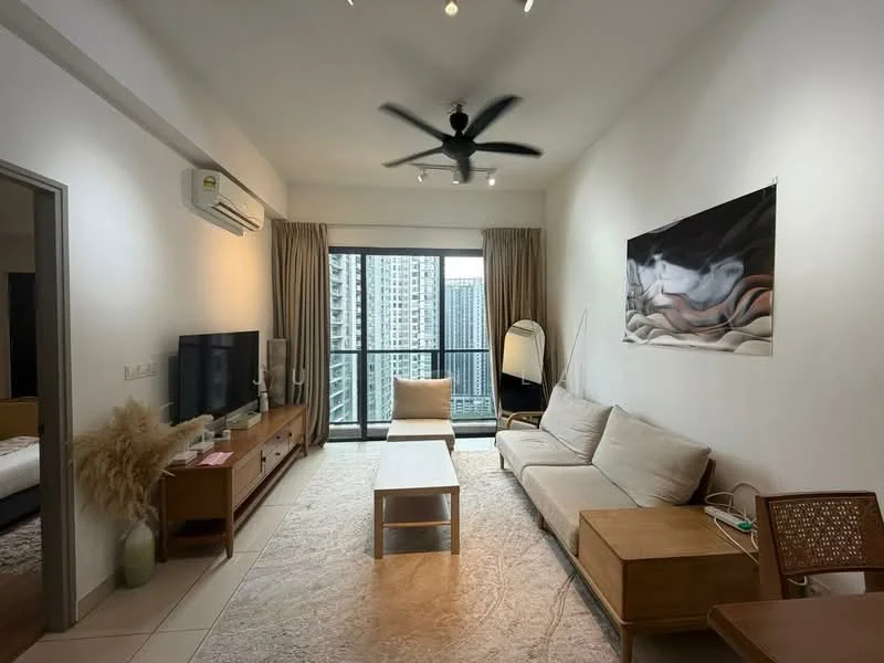Living features: 3-seater fabric sofa in beige, wooden coffee table, TV console, wall-mounted TV, area rug with geometric pattern, floor-to-ceiling windows, curtains, ceiling fan with light, decorative wall art, wooden side table, potted plant; style: modern; view: city. Room features: white painted walls, light-colored flooring.