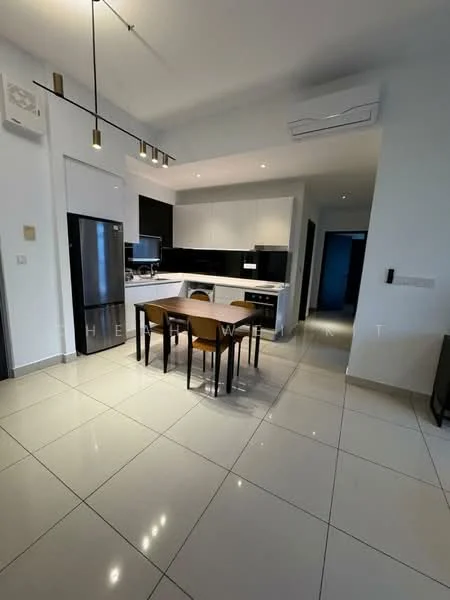 Kitchen features: white cabinetry, black countertop, stainless-steel fridge, built-in oven, ceramic cooktop, single-bowl stainless-steel sink, chrome pull-down faucet, pendant lighting, dining table with four chairs, recessed downlights, polished tile flooring, wall-mounted split AC; style: modern.