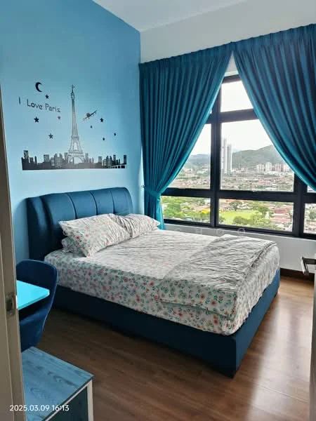 Bedroom features: king-size bed with upholstered headboard in blue, floral patterned bedding, floor-to-ceiling windows, blue curtains, decorative wall decal of Eiffel Tower, wooden flooring, nightstand, city view from window; style: modern; view: city.