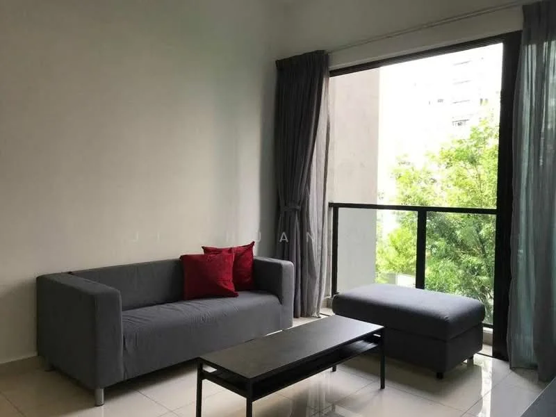 Living features: grey fabric sofa, red decorative pillow, grey ottoman, black coffee table, floor-to-ceiling windows, sheer curtains, blackout curtains, white painted walls, glossy tile flooring, greenery view from window; style: modern; view: garden.