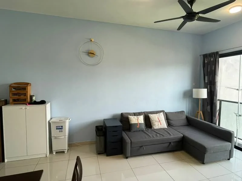 Living features: grey L-shape sectional sofa, white walls, ceiling fan, floor-to-ceiling windows, black curtains, white side table, wooden storage cabinet, black storage unit, decorative wall clock; style: modern.