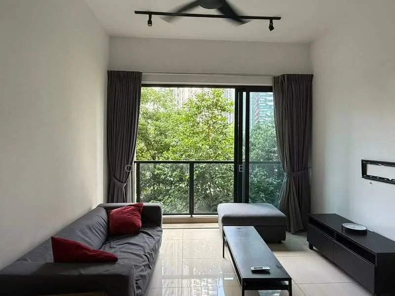 Living features: grey fabric sofa, red throw pillows, ottoman, black TV console, wall-mounted TV, floor-to-ceiling windows, sheer curtains, ceiling fan, glossy tile flooring, greenery view from window; style: modern; view: garden.
