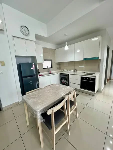 Kitchen features: white cabinetry, black countertop, stainless-steel built-in oven, stainless-steel cooktop, black fridge, single-bowl stainless-steel sink, chrome pull-down faucet, pendant lighting, tile flooring, dining table with plastic wrap, 4 dining chairs, window with natural light; style: modern.