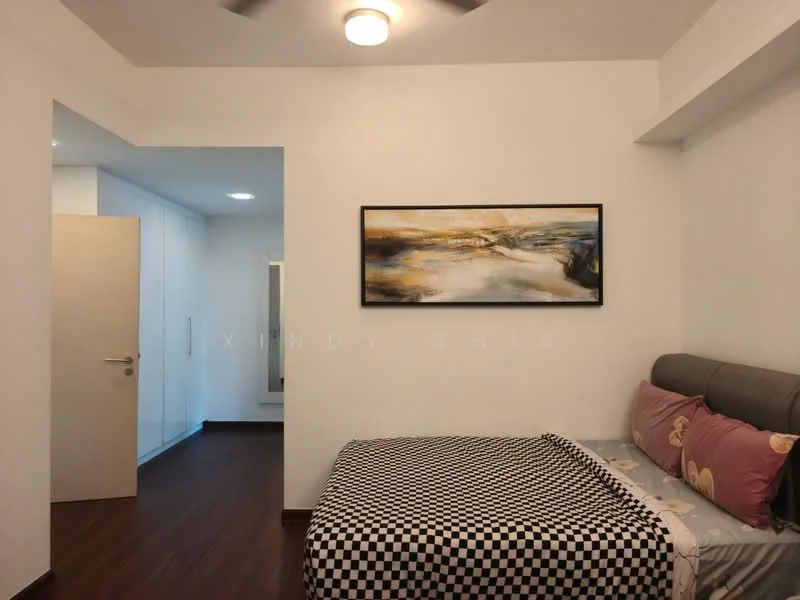 Bedroom features: queen-size bed with checkered bedding, upholstered headboard, wall-mounted artwork, wood laminate flooring, ceiling light fixture, 2-blade ceiling fan, built-in wardrobe with sliding doors, neutral painted walls; style: modern. Room features: neutral painted walls, wood laminate flooring, door leading to another room.