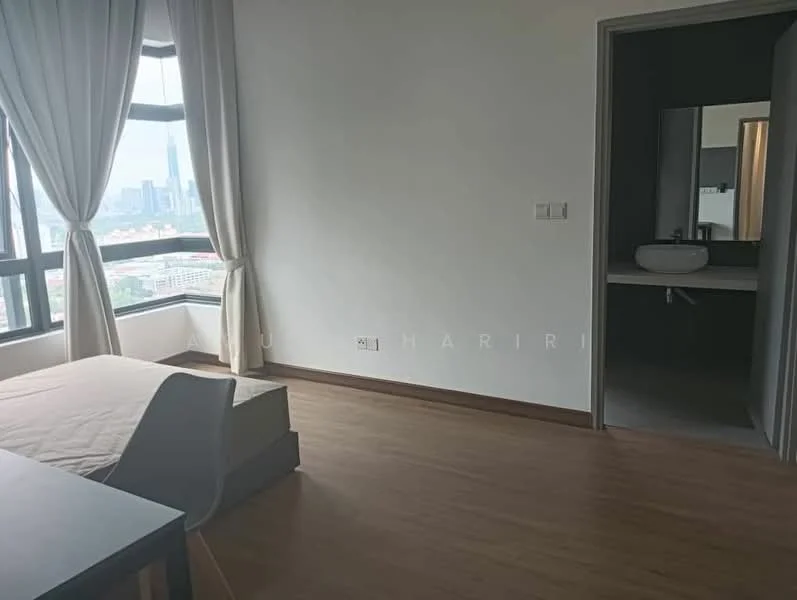 Bedroom features: large window with city view, curtains, wooden flooring, neutral wall color, queen-size bed frame, nightstand, built-in wardrobe, recessed lighting; style: modern; view: city. Bathroom features: sink, mirror, neutral wall color, modern fixtures; style: modern.