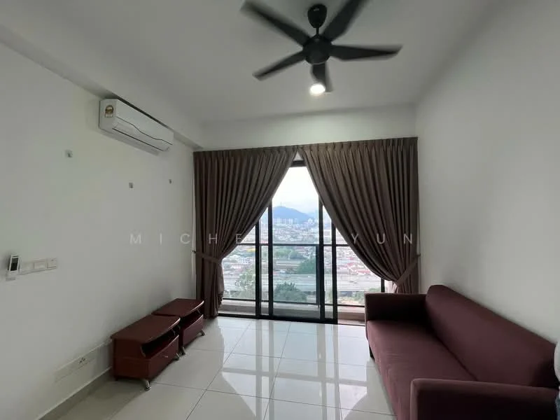 Living features: floor-to-ceiling windows, city view, 3-blade ceiling fan, white painted walls, glossy tile flooring, brown fabric sofa, wooden TV console, curtains in brown, air conditioning unit; style: modern.
