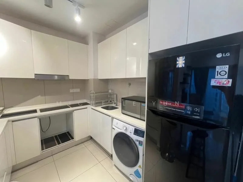 Kitchen features: white flat-panel cabinets, stainless-steel sink, chrome pull-down faucet, built-in oven, freestanding washing machine, black refrigerator, microwave, ceramic tile flooring, recessed downlights, countertop with backsplash, open shelving, kitchen island with stools; style: modern.