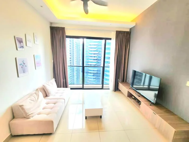 Living features: 3-seater fabric sofa in light beige, coffee table with white surface, TV console with wooden finish, wall-mounted TV, floor-to-ceiling windows, curtains in brown, recessed LED downlights, tray ceiling with ambient lighting, light-colored tiled flooring, decorative wall art, view of city skyline; style: modern; view: city.