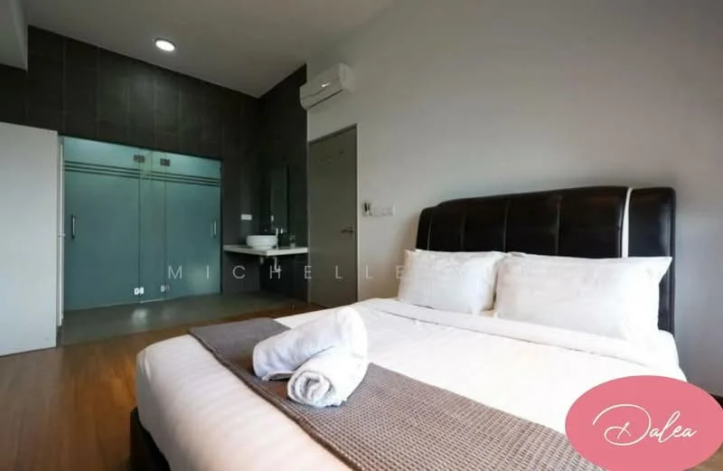 Bedroom features: king-size bed with upholstered headboard, white bedding with decorative throw, wooden flooring, wall-mounted air conditioning unit, built-in wardrobe with sliding doors, en-suite bathroom with sink and mirror, grey accent wall, recessed ceiling lights; style: modern.