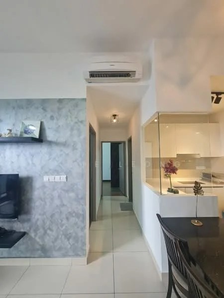 Room features: grey accent wall, white painted walls, ceramic tile flooring, wall-mounted split AC, recessed downlights, open kitchen layout, glass partition, dining table, black dining chairs, TV mounted on wall, hallway leading to other rooms; style: modern.