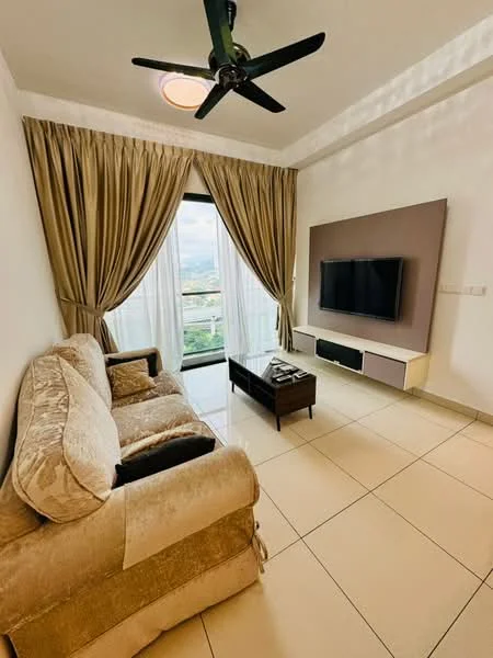 Living features: 3-seater fabric sofa in beige, ceiling fan with light, wall-mounted TV, TV console, coffee table, floor-to-ceiling windows, curtains, tile flooring, neutral wall colour, decorative wall panel; style: modern; view: city.
