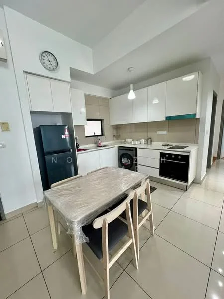 Kitchen features: white cabinetry, black refrigerator, built-in oven, electric cooktop, stainless-steel sink, single-bowl stainless-steel sink, white tiled backsplash, pendant lighting, dining table with four chairs, ceramic tile flooring, window with natural light, clock on the wall; style: modern.