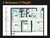 Floor plan: 2-bedroom 1-bathroom unit; features: open-plan kitchen-dining-living, master bedroom with ensuite bathroom, bedroom 2 with shared bathroom, utility room, central foyer, 1 car porch, 1,075 sqft built-up.