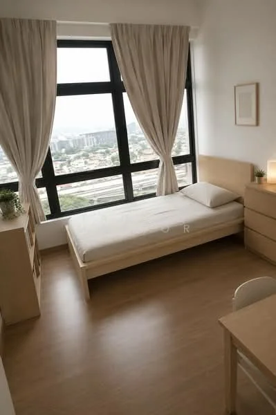 Bedroom features: single bed, wooden bed frame, light wood dresser, light wood bedside table, floor-to-ceiling windows, sheer curtains, wooden flooring, decorative plant on dresser, table lamp, study desk, chair; style: modern; view: city.
