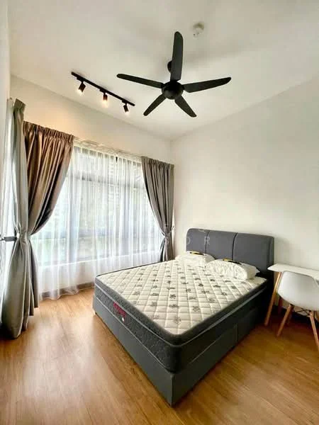 Bedroom features: queen-size bed, upholstered headboard, 5-blade ceiling fan with integrated LED light, floor-to-ceiling windows, sheer curtains, blackout curtains, wooden flooring, decorative wall lighting, study desk, chair; style: modern; view: garden.