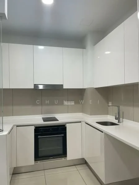 Kitchen features: white high-gloss cabinetry, stainless-steel built-in oven, stainless-steel cooktop, single-bowl stainless-steel sink, chrome pull-down faucet, white quartz countertop, tile backsplash, recessed LED downlights, ceramic tile flooring; style: modern.