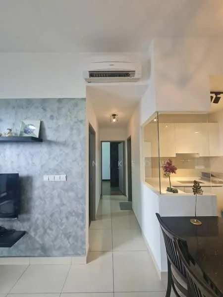Room features: wall-mounted split AC, grey accent wall, white painted walls, recessed downlights, tile flooring, open kitchen layout, glass partition, dining table, black dining chairs, TV console, wall-mounted TV; style: modern.