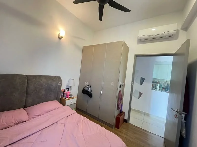 Bedroom features: queen-size bed with pink bedding, upholstered headboard, wooden flooring, built-in wardrobe with sliding doors, wall-mounted air conditioning unit, ceiling fan, nightstand with lamp, doorway leading to kitchen area; style: modern.