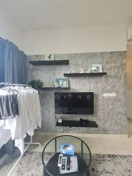 Living features: grey accent wall, floating black shelves, wall-mounted TV, black TV console, white ceramic floor tiles, curtains, clothes rack with hanging clothes, round black coffee table; style: modern.