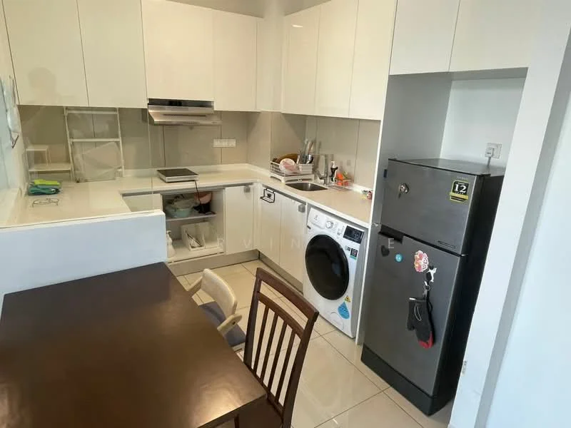 Kitchen features: white cabinetry, marble countertop, built-in oven, stainless-steel fridge, front-load washing machine, single-bowl stainless-steel sink, chrome pull-down faucet, ceramic tile flooring, recessed downlights, dining table with wooden finish, four dining chairs; style: modern.