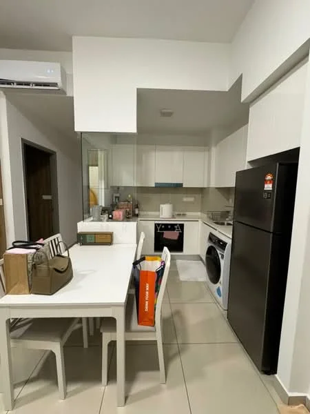 Kitchen features: white cabinetry, grey countertop, stainless-steel fridge, built-in oven, freestanding washing machine, 4-burner gas hob, single-bowl stainless-steel sink, chrome pull-down faucet, tile flooring, wall-mounted split AC, dining table with 4 chairs, kitchen island, microwave, kettle; style: modern.