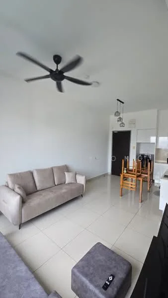Living features: 3-seater fabric sofa in beige, ceiling fan, tile flooring, white painted walls, dining table with chairs, pendant lighting, open layout, large windows, remote control on ottoman; style: modern.