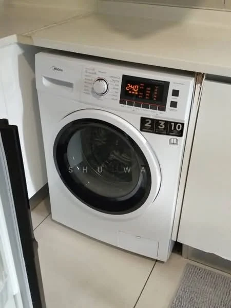 Laundry features: front-load washing machine in white, digital display panel, control knobs, integrated dryer function, built-in cabinetry, light-colored countertop, tile flooring; style: modern.