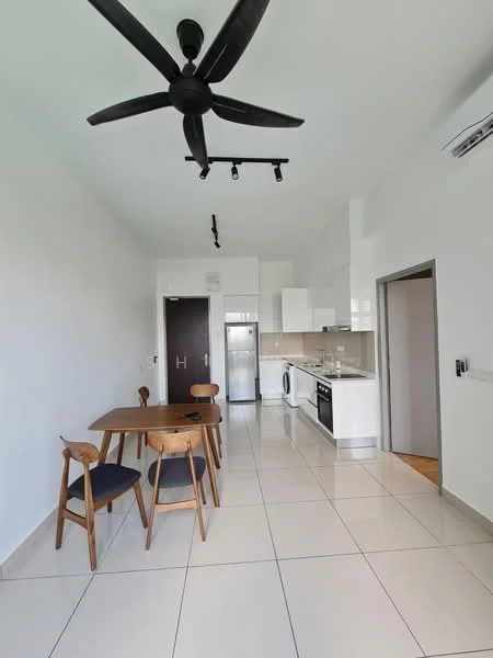 Dining features: 4-seater wooden dining table, black dining chairs, white painted walls, tile flooring, 5-blade ceiling fan, recessed LED downlights, kitchen area with white cabinetry, stainless-steel fridge, built-in oven, freestanding range oven, washing machine, countertop with backsplash; style: modern.
