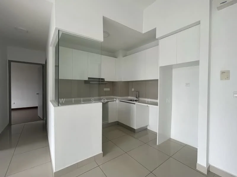 Kitchen features: white cabinetry, grey countertop, stainless-steel sink, chrome pull-down faucet, built-in oven, 4-burner gas hob, exhaust hood, ceramic tile flooring, glass partition, wall-mounted cabinets, open shelving, neutral wall color, recessed downlights; style: modern. Room features: neutral wall color, tile flooring, doorway to hallway.