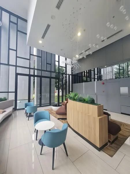 Living features: high ceiling, large floor-to-ceiling windows, modern chandelier, wooden reception counter, upholstered seating, blue accent chairs, round coffee table, neutral color palette, tile flooring, decorative wall panels, indoor plants, natural light, open layout; style: modern; view: garden.