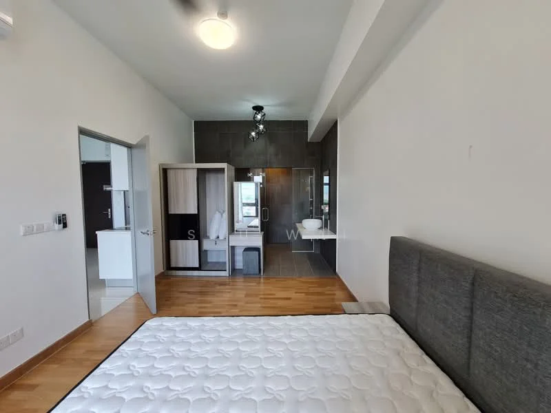 Bedroom features: queen-size bed, upholstered headboard, wooden flooring, ceiling fan, wall-mounted light fixture, large window, neutral painted walls, built-in wardrobe with sliding doors; style: modern. Bathroom features: single-sink vanity with white cabinet, chrome basin mixer, framed mirror, walk-in shower with glass enclosure, toilet, tile cladding to half wall, grey tile flooring; style: modern.