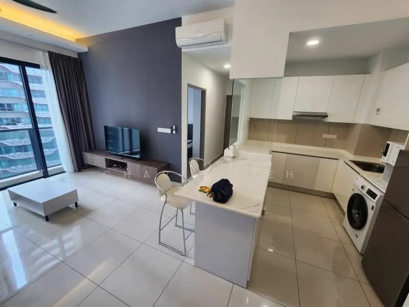 Living features: white walls, grey accent wall, ceramic tile flooring, floor-to-ceiling windows, sliding glass door, curtains, wall-mounted TV, TV console, sofa, kitchen island with seating, stainless-steel fridge, built-in oven, freestanding washing machine, kitchen cabinetry; style: modern; view: city.