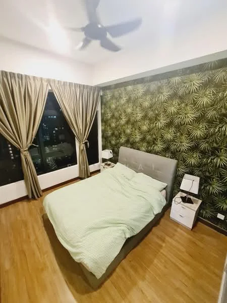 Bedroom features: king-size bed with grey upholstered headboard, green bedspread, wooden flooring, floor-to-ceiling windows, curtains in beige, decorative wallpaper with palm leaf pattern, nightstand with drawer, table lamp, ceiling fan; style: modern; view: city.