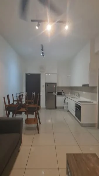 Kitchen features: white painted walls, glossy tile flooring, recessed downlights, stainless-steel fridge, built-in oven, freestanding range oven, single-bowl stainless-steel sink, chrome pull-down faucet, white cabinetry, countertop with backsplash, open shelving, dining table with chairs, sofa in grey fabric; style: modern.