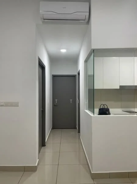 Room features: white painted walls, grey doors, tile flooring, wall-mounted split AC, recessed ceiling lights, glass partition, kitchen area visible, neutral color scheme; style: modern.